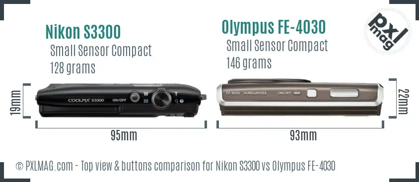 Nikon S3300 vs Olympus FE-4030 top view buttons comparison Nikon S3300 vs Olympus FE-4030 top view buttons comparison