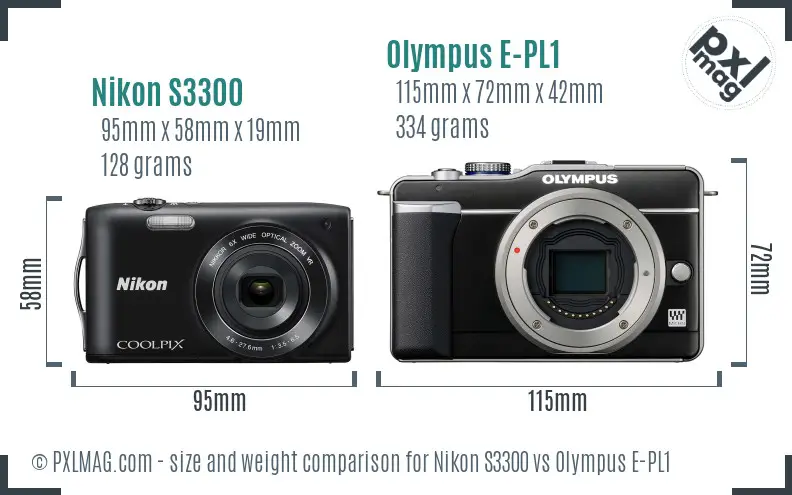Nikon S3300 vs Olympus E-PL1 size comparison