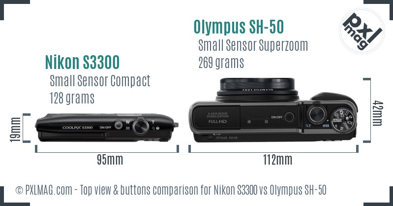 Nikon S3300 vs Olympus SH-50 top view buttons comparison