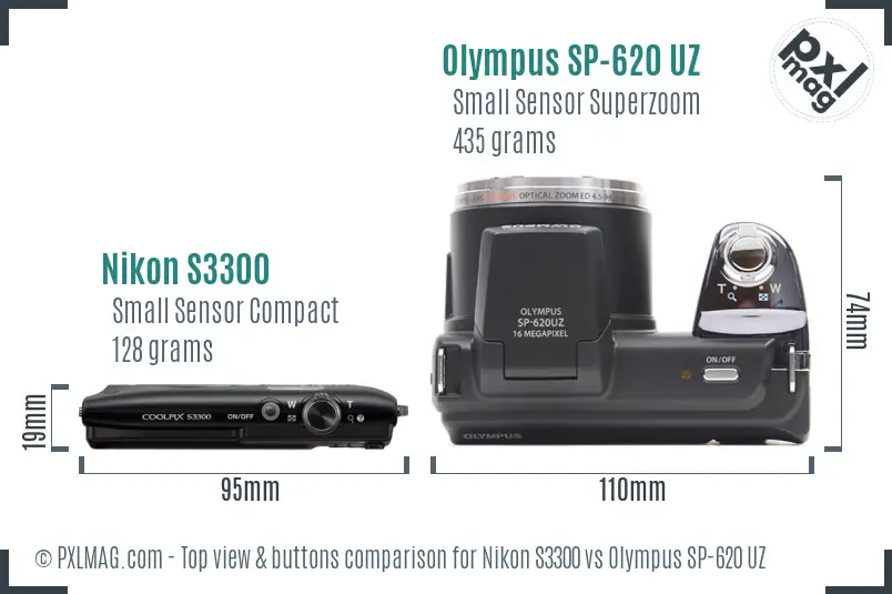 Nikon S3300 vs Olympus SP-620 UZ top view buttons comparison Nikon S3300 vs Olympus SP-620 UZ top view buttons comparison