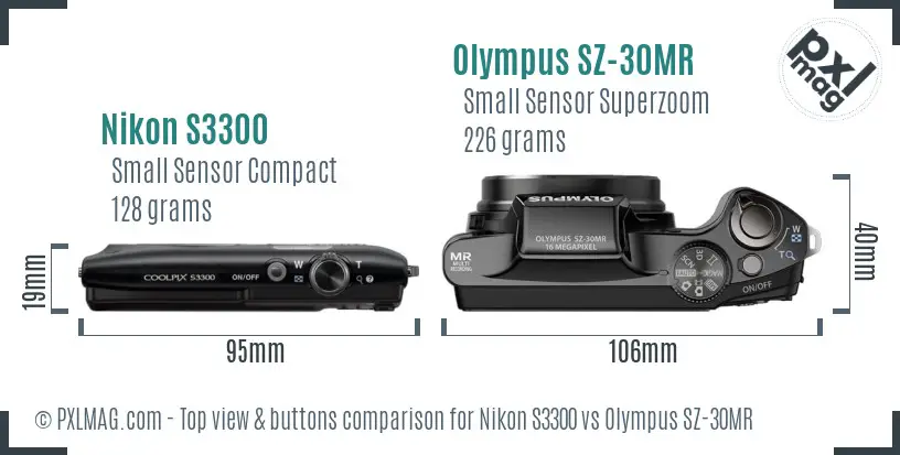 Nikon S3300 vs Olympus SZ-30MR top view buttons comparison