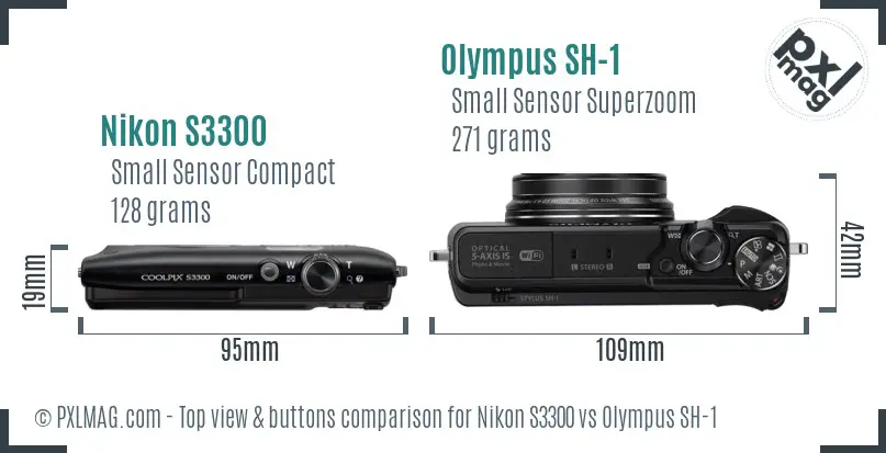 Nikon S3300 vs Olympus SH-1 top view buttons comparison