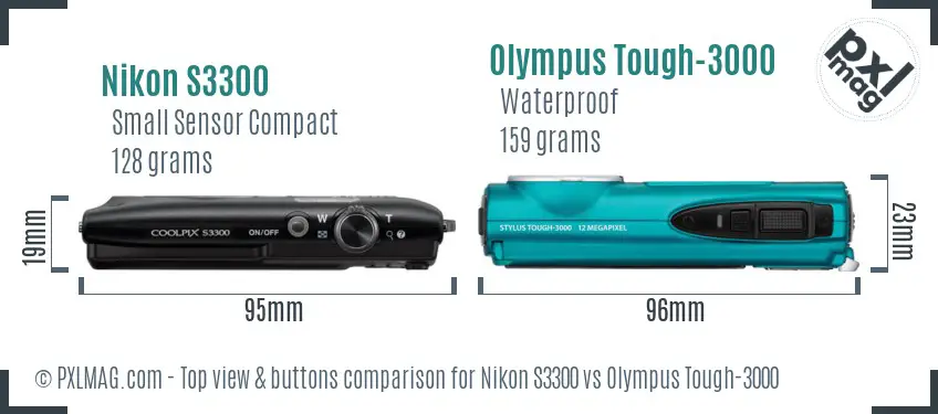 Nikon S3300 vs Olympus Tough-3000 top view buttons comparison Nikon S3300 vs Olympus Tough-3000 top view buttons comparison