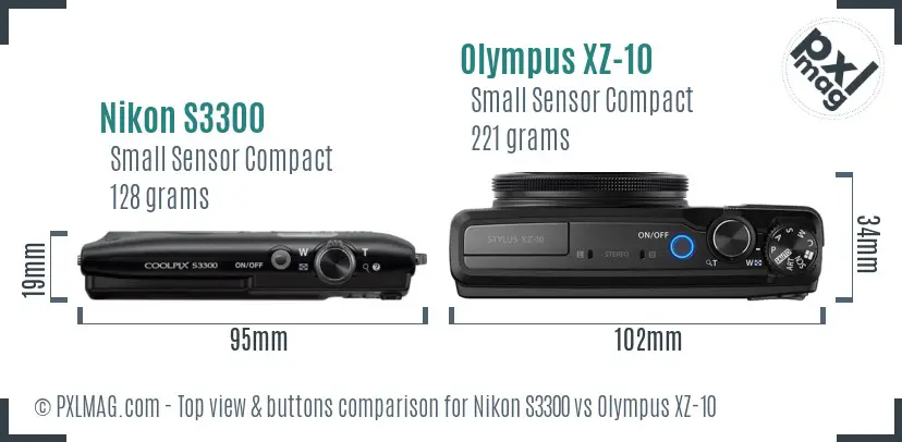 Nikon S3300 vs Olympus XZ-10 top view buttons comparison Nikon S3300 vs Olympus XZ-10 top view buttons comparison