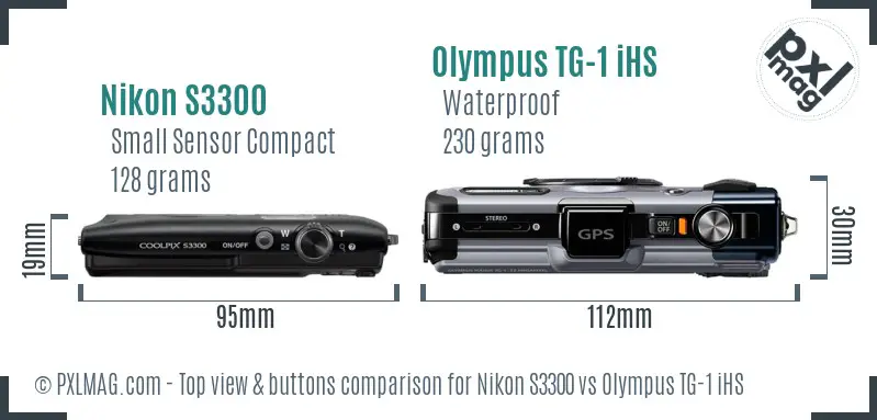 Nikon S3300 vs Olympus TG-1 iHS top view buttons comparison Nikon S3300 vs Olympus TG-1 iHS top view buttons comparison