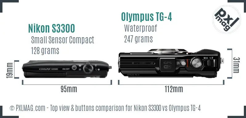 Nikon S3300 vs Olympus TG-4 top view buttons comparison Nikon S3300 vs Olympus TG-4 top view buttons comparison