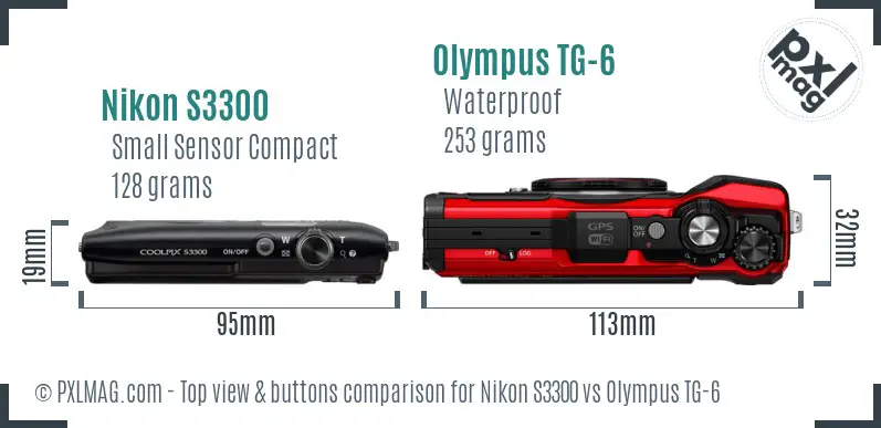 Nikon S3300 vs Olympus TG-6 top view buttons comparison Nikon S3300 vs Olympus TG-6 top view buttons comparison