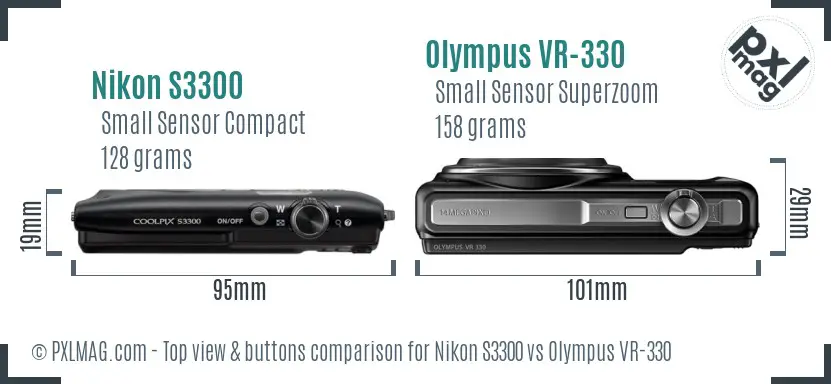 Nikon S3300 vs Olympus VR-330 top view buttons comparison Nikon S3300 vs Olympus VR-330 top view buttons comparison