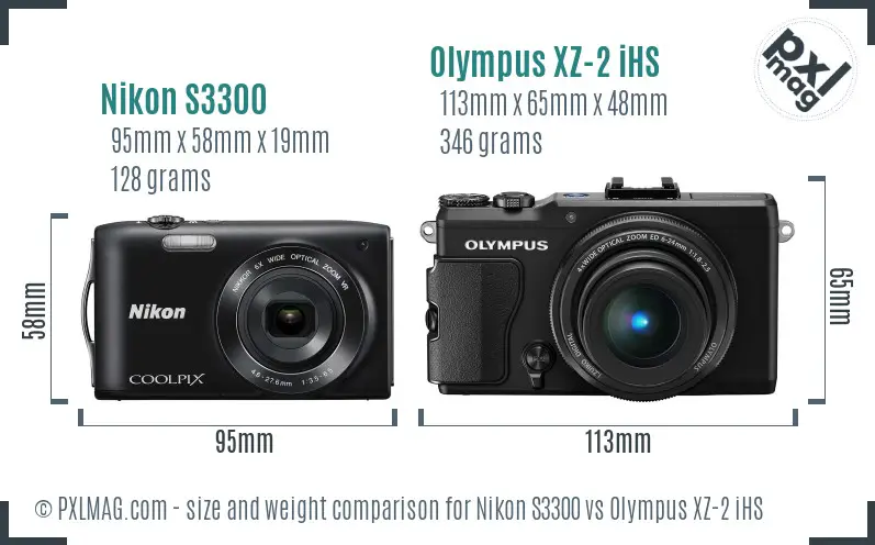 Nikon S3300 vs Olympus XZ-2 iHS size comparison