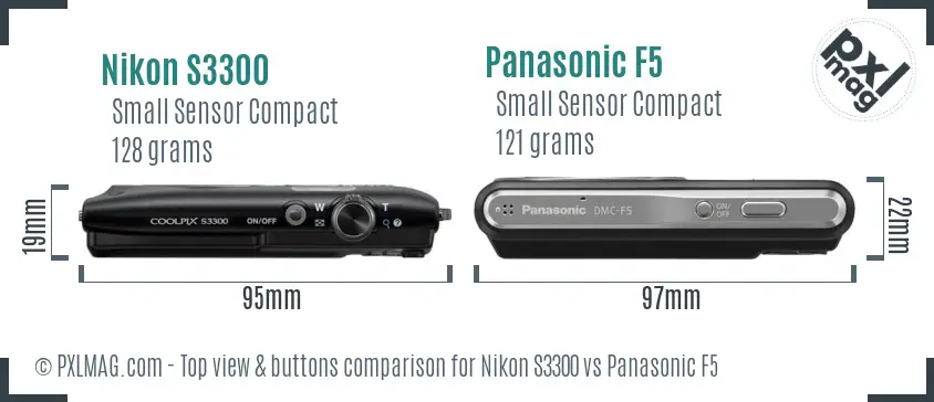 Nikon S3300 vs Panasonic F5 top view buttons comparison