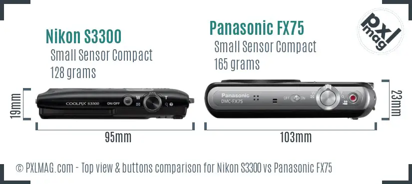 Nikon S3300 vs Panasonic FX75 top view buttons comparison Nikon S3300 vs Panasonic FX75 top view buttons comparison