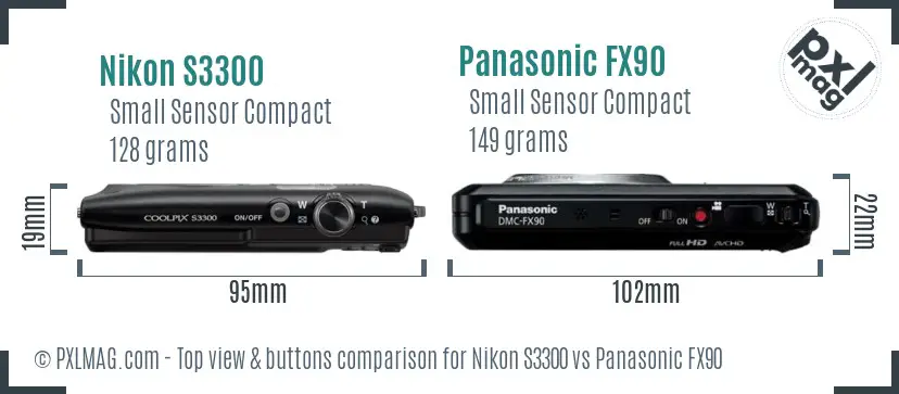 Nikon S3300 vs Panasonic FX90 top view buttons comparison