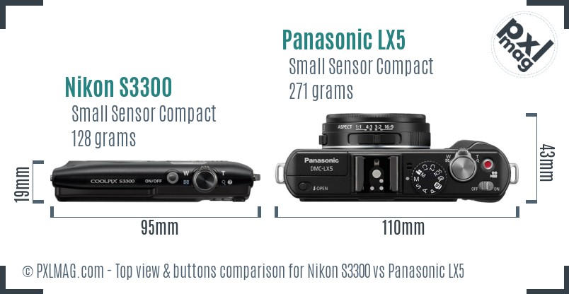 Nikon S3300 vs Panasonic LX5 top view buttons comparison