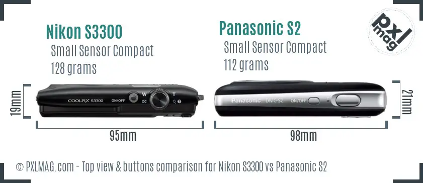 Nikon S3300 vs Panasonic S2 top view buttons comparison Nikon S3300 vs Panasonic S2 top view buttons comparison