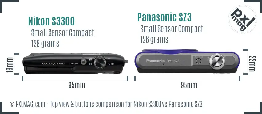 Nikon S3300 vs Panasonic SZ3 top view buttons comparison