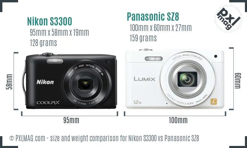 Nikon S3300 vs Panasonic SZ8 size comparison