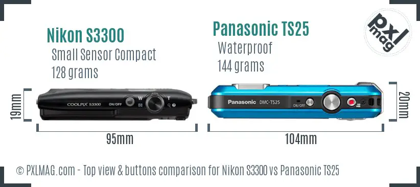 Nikon S3300 vs Panasonic TS25 top view buttons comparison Nikon S3300 vs Panasonic TS25 top view buttons comparison