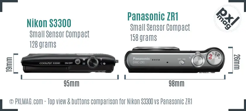 Nikon S3300 vs Panasonic ZR1 top view buttons comparison Nikon S3300 vs Panasonic ZR1 top view buttons comparison