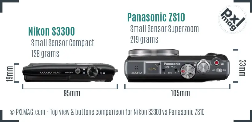 Nikon S3300 vs Panasonic ZS10 top view buttons comparison Nikon S3300 vs Panasonic ZS10 top view buttons comparison