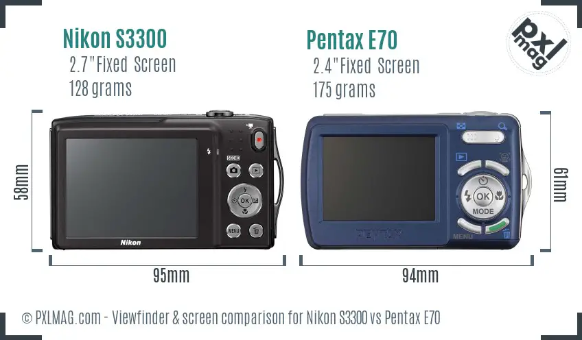 Nikon S3300 vs Pentax E70 Screen and Viewfinder comparison