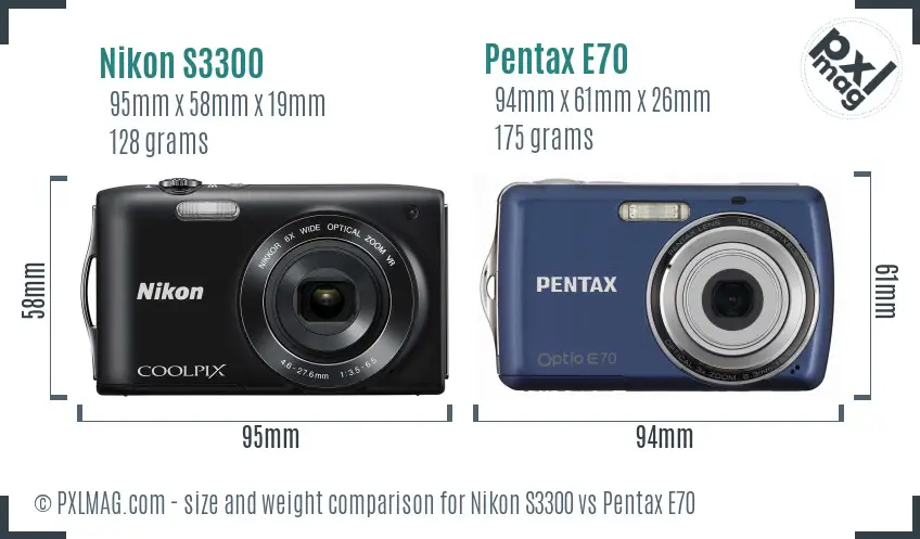 Nikon S3300 vs Pentax E70 size comparison