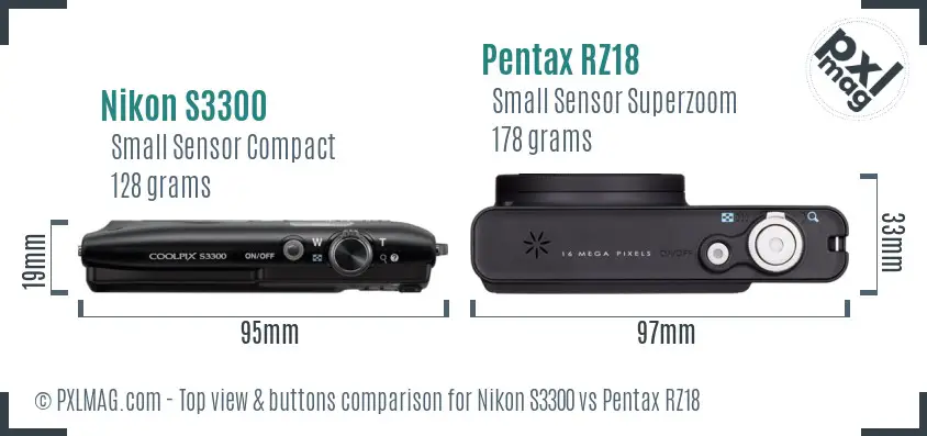 Nikon S3300 vs Pentax RZ18 top view buttons comparison