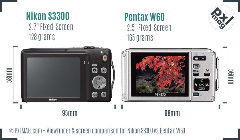Nikon S3300 vs Pentax W60 Screen and Viewfinder comparison