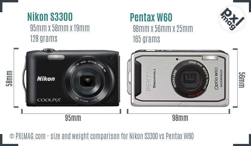 Nikon S3300 vs Pentax W60 size comparison