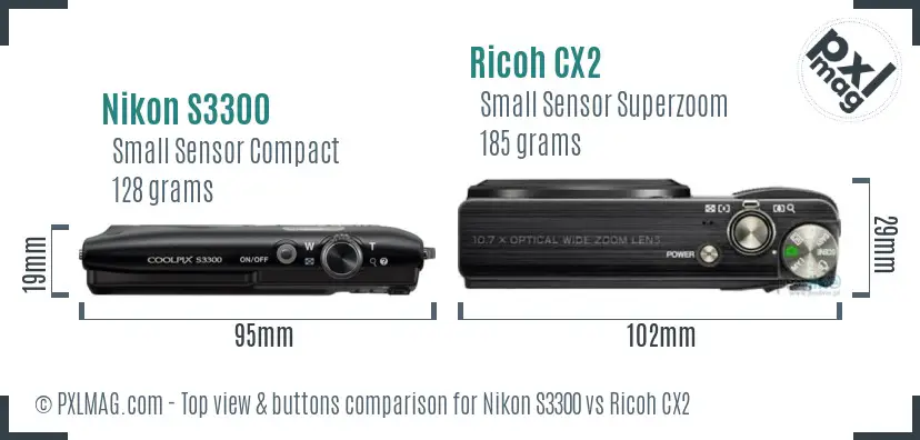 Nikon S3300 vs Ricoh CX2 top view buttons comparison Nikon S3300 vs Ricoh CX2 top view buttons comparison