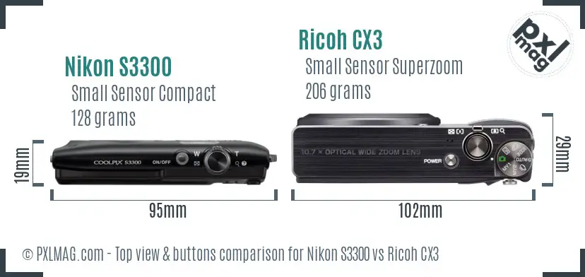 Nikon S3300 vs Ricoh CX3 top view buttons comparison Nikon S3300 vs Ricoh CX3 top view buttons comparison