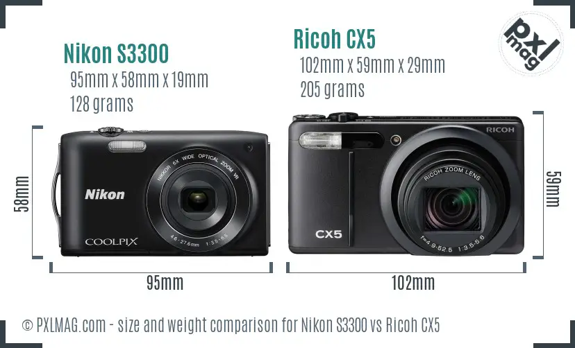 Nikon S3300 vs Ricoh CX5 size comparison