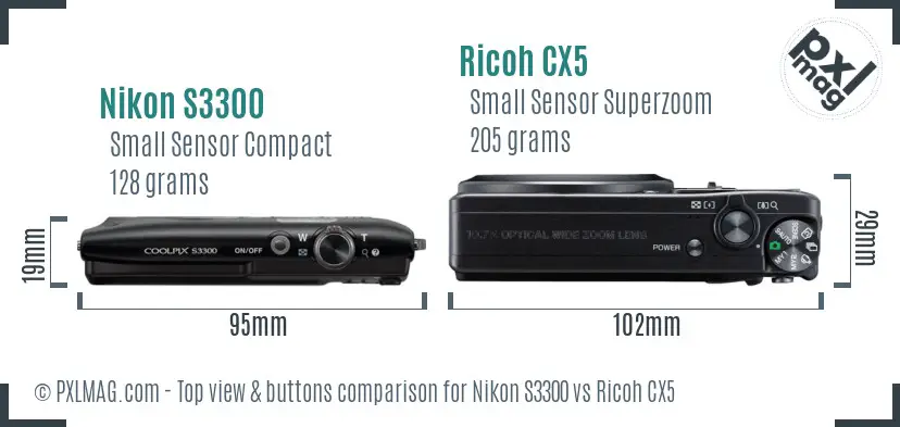 Nikon S3300 vs Ricoh CX5 top view buttons comparison