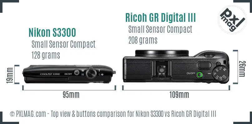 Nikon S3300 vs Ricoh GR Digital III top view buttons comparison Nikon S3300 vs Ricoh GR Digital III top view buttons comparison