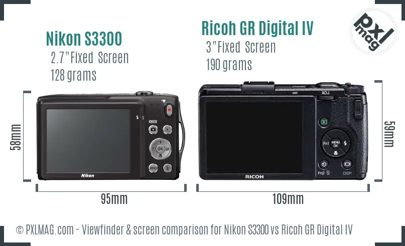 Nikon S3300 vs Ricoh GR Digital IV Screen and Viewfinder comparison