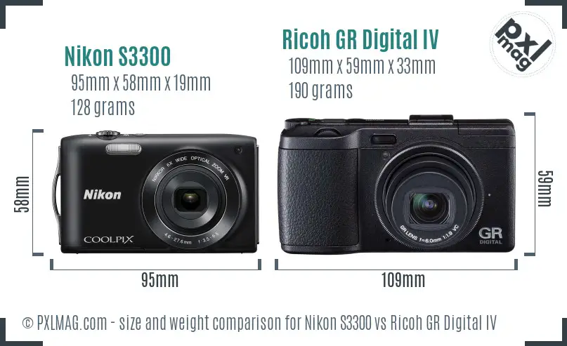 Nikon S3300 vs Ricoh GR Digital IV size comparison