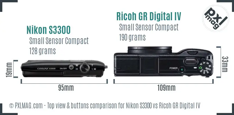 Nikon S3300 vs Ricoh GR Digital IV top view buttons comparison