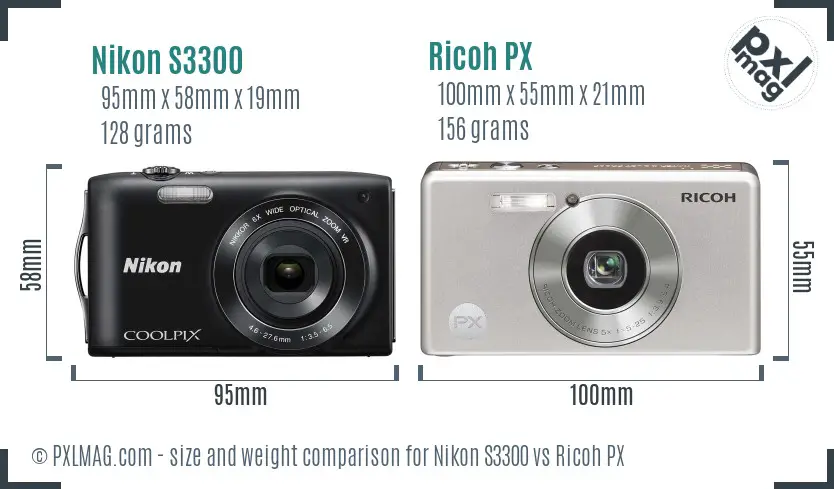 Nikon S3300 vs Ricoh PX size comparison