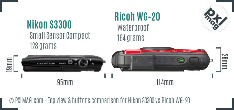 Nikon S3300 vs Ricoh WG-20 top view buttons comparison Nikon S3300 vs Ricoh WG-20 top view buttons comparison
