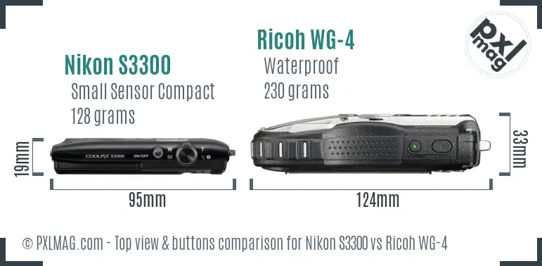 Nikon S3300 vs Ricoh WG-4 top view buttons comparison Nikon S3300 vs Ricoh WG-4 top view buttons comparison