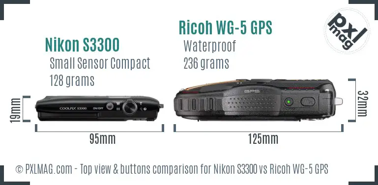 Nikon S3300 vs Ricoh WG-5 GPS top view buttons comparison Nikon S3300 vs Ricoh WG-5 GPS top view buttons comparison