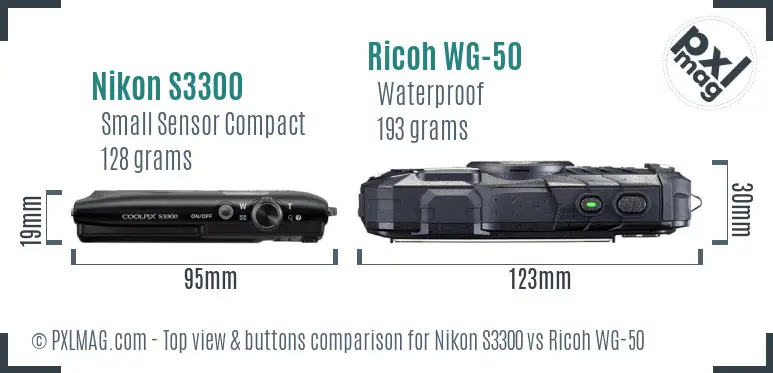 Nikon S3300 vs Ricoh WG-50 top view buttons comparison