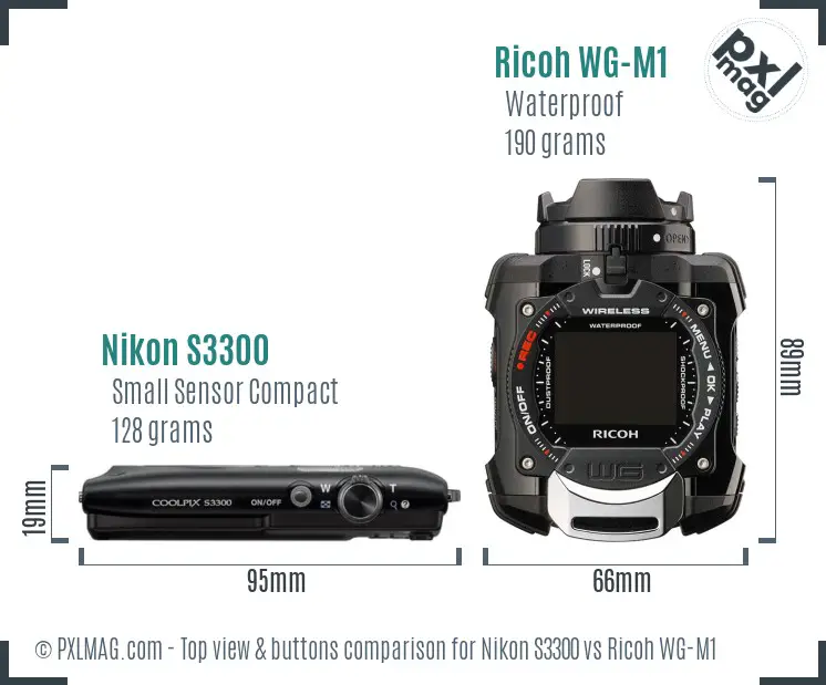 Nikon S3300 vs Ricoh WG-M1 top view buttons comparison