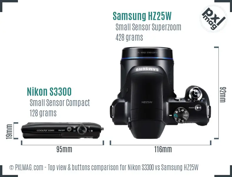 Nikon S3300 vs Samsung HZ25W top view buttons comparison Nikon S3300 vs Samsung HZ25W top view buttons comparison