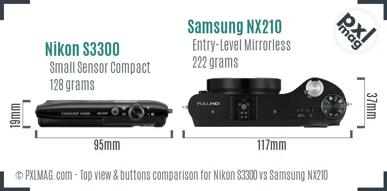 Nikon S3300 vs Samsung NX210 top view buttons comparison