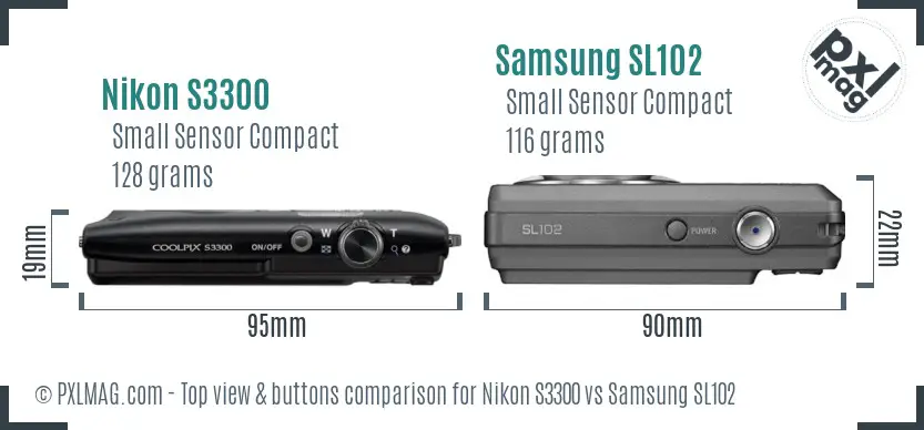 Nikon S3300 vs Samsung SL102 top view buttons comparison Nikon S3300 vs Samsung SL102 top view buttons comparison