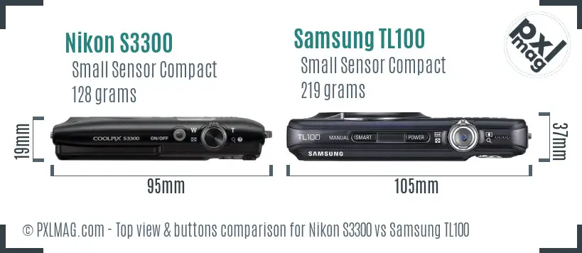Nikon S3300 vs Samsung TL100 top view buttons comparison
