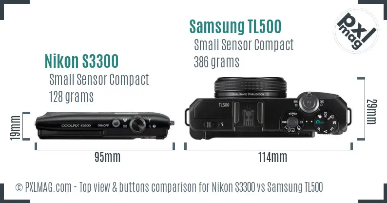 Nikon S3300 vs Samsung TL500 top view buttons comparison