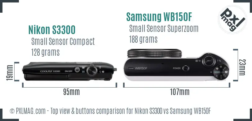 Nikon S3300 vs Samsung WB150F top view buttons comparison Nikon S3300 vs Samsung WB150F top view buttons comparison