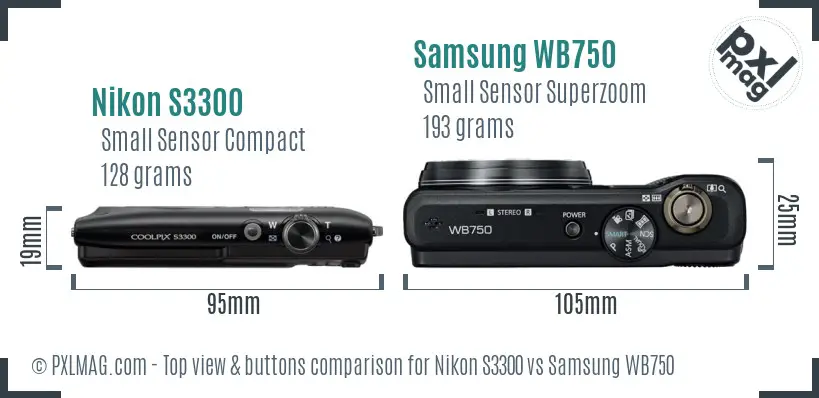 Nikon S3300 vs Samsung WB750 top view buttons comparison
