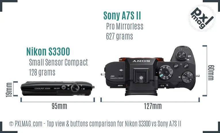 Nikon S3300 vs Sony A7S II top view buttons comparison